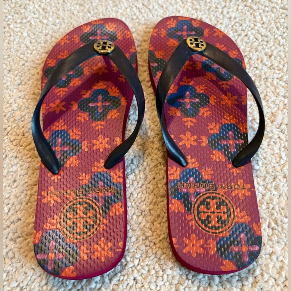 Tory Burch floral flip flops
